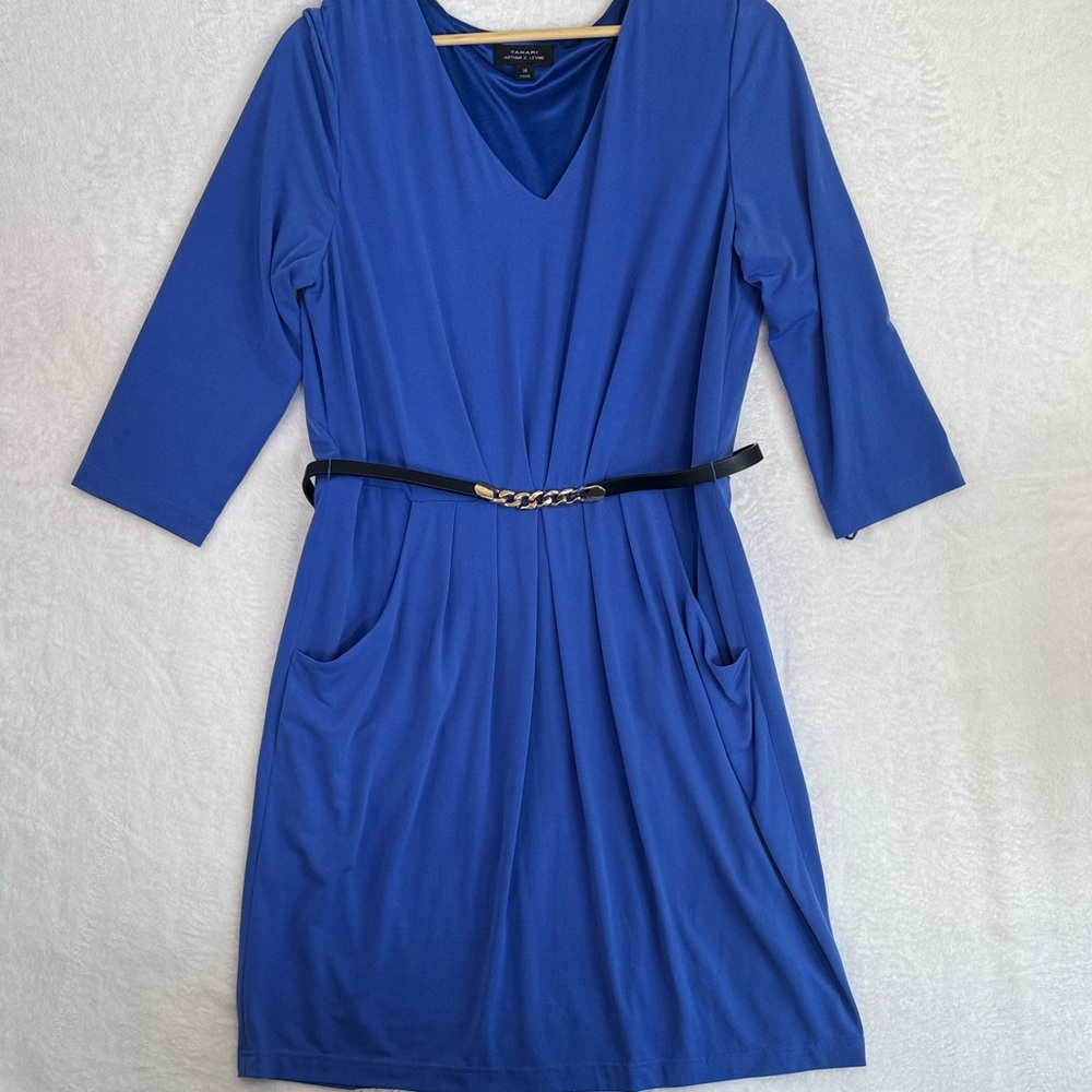 Tahari Cobalt Blue Long Sleeve Dress with Chain Belt